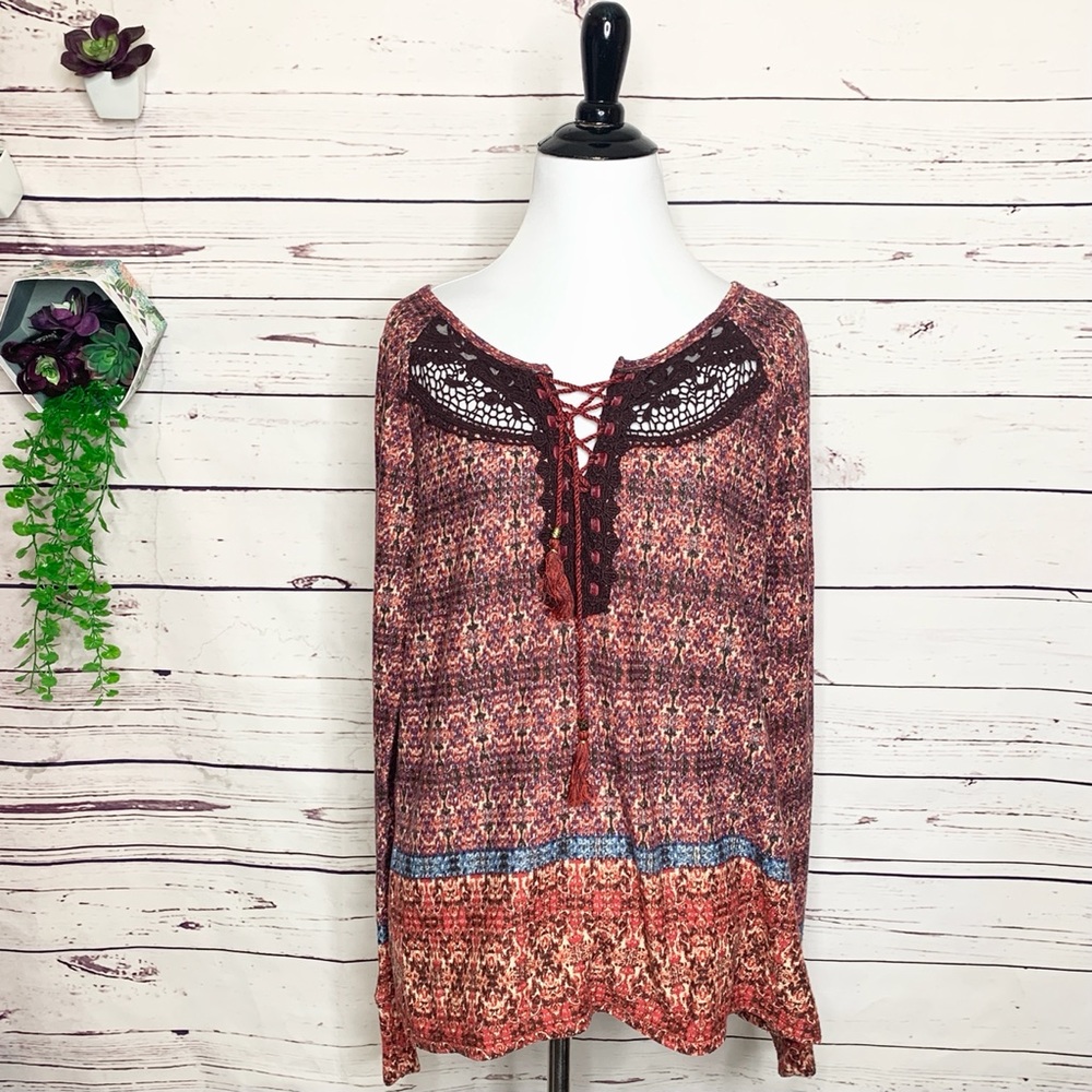 Vintage America Boho Lace Up Lara Top Long Sleeve Size Medium Red & Blue - Picture 3 of 7